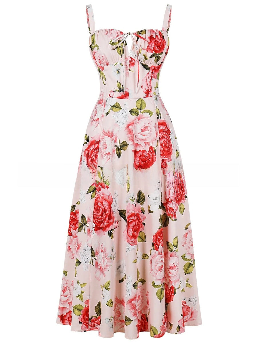 Cross-Border European and American 2026 Amazon Summer New Printed Tie-Up Strap Dress with Back Tie Waist-Cinching Long Dress