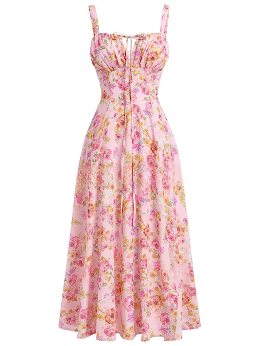 Summer New Printed Tie-Up Strap Dress with Back Tie Waist-Cinching Long Dress