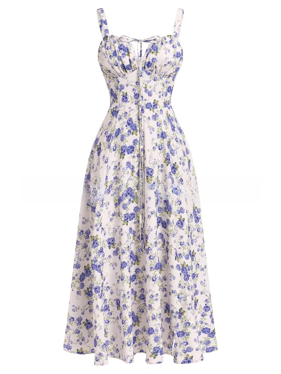 Cross-Border European and American 2026 Amazon Summer New Printed Tie-Up Strap Dress with Back Tie Waist-Cinching Long Dress